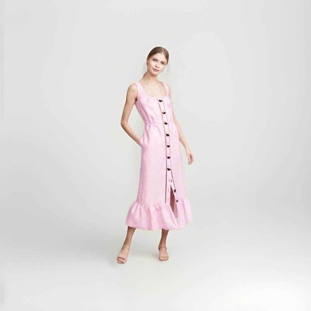 Nicholas Button Front Garden Dress Size 2 Linen Pink Ruffle Embroidered